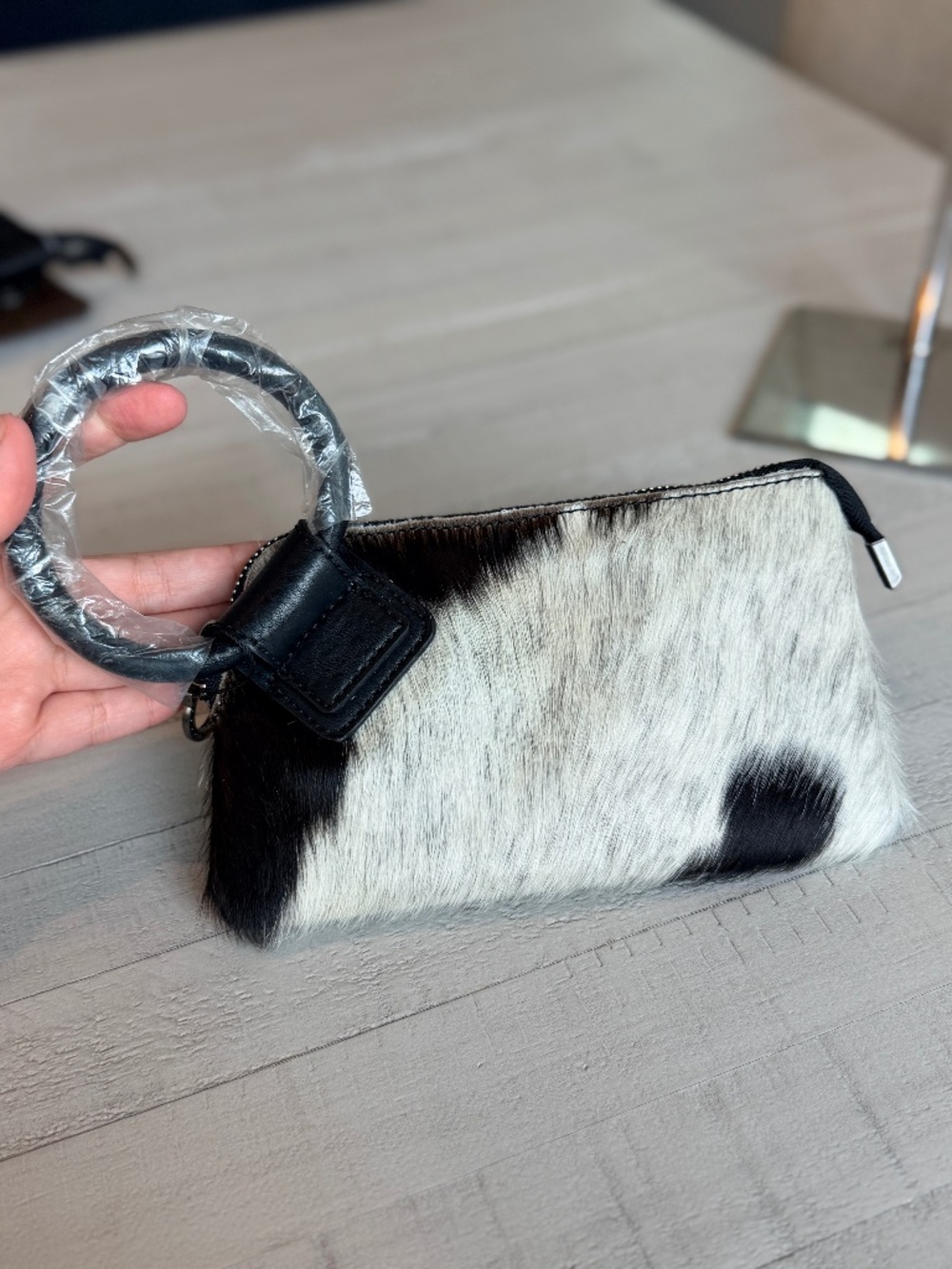 Montana West Genuine Hair-On Cowhide Ring Handle Wristlet Clutch Bag